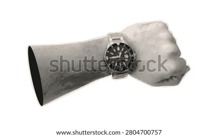 Collage Halftone man hand wearing wristwatch isolated on white background. Pop art sticker cut out of magazine paper. Vector vintage illustration. Time concept zine style