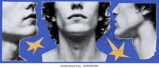 Collage halftone man kit set star cutout elemento meia parte face com lábios nariz e arte de papel abstrata para a ilustração moderna do scrapbook conceito de saúde mental.