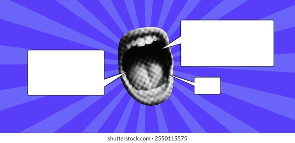 Collage of a halftone mouth with a speech bubble, yelling in a pop art style. Blue sunburst background.
