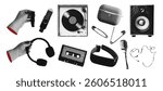 Collage halftone music elements microphone, record player, cassette, speaker, headphones, flash drive, hand. Vector illustration.
