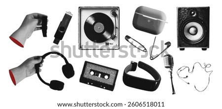 Collage halftone music elements microphone, record player, cassette, speaker, headphones, flash drive, hand. Vector illustration.
