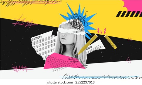 Collage in a halftone pop art style with newspaper elements and a female portrait. Template and poster design for emotional support. Vector.