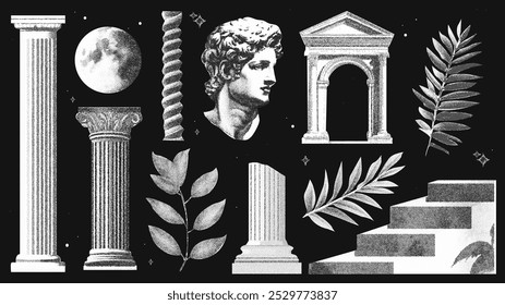 Collage halftone set with Greek sculpture and column. Vector art of ancient leaves, moon, and arches. 