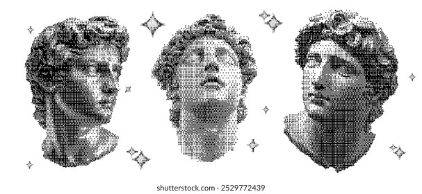 Collage halftone set with Greek Statue Head. Vector pattern featuring god face and ancient Roman design. 