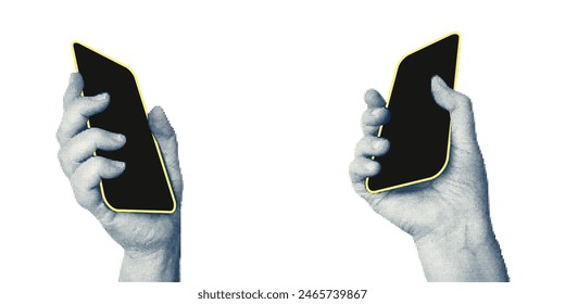 Collage with halftone style hands hold smartphone Minimalist metaphor concept finance-themed mobile applications, online sales, social media. Idea for web banner Cutouts magazine. Vector illustration
