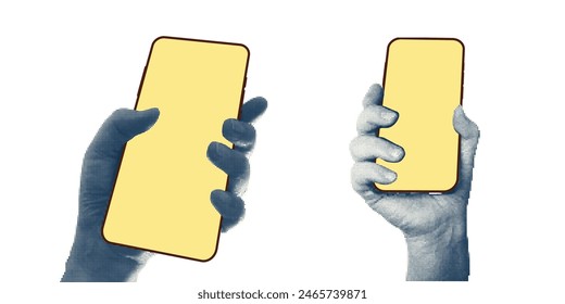 Collage with halftone style hands hold smartphone Minimalist metaphor concept finance-themed mobile applications, online sales, social media. Idea for web banner Cutouts magazine. Vector illustration