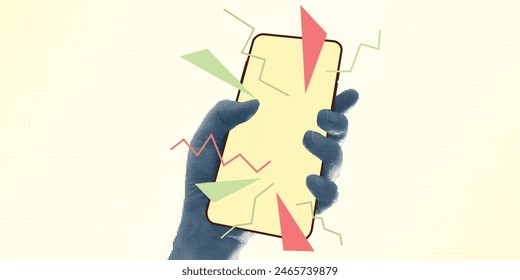 Collage with halftone style hands hold smartphone Minimalist metaphor concept finance-themed mobile applications, online sales, social media. Idea for web banner Cutouts magazine. Vector illustration