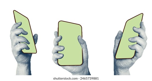 Collage with halftone style hands hold smartphone Minimalist metaphor concept finance-themed mobile applications, online sales, social media. Idea for web banner Cutouts magazine. Vector illustration