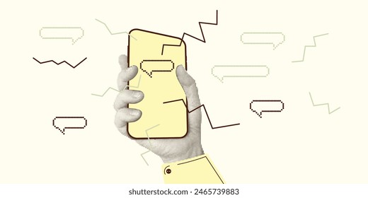 Collage with halftone style hands hold smartphone Minimalist metaphor concept finance-themed mobile applications, online sales, social media. Idea for web banner Cutouts magazine. Vector illustration