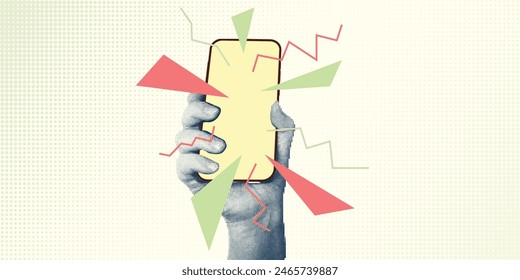 Collage with halftone style hands hold smartphone Minimalist metaphor concept finance-themed mobile applications, online sales, social media. Idea for web banner Cutouts magazine. Vector illustration