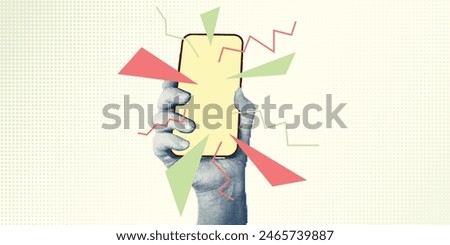 Collage with halftone style hands hold smartphone Minimalist metaphor concept finance-themed mobile applications, online sales, social media. Idea for web banner Cutouts magazine. Vector illustration