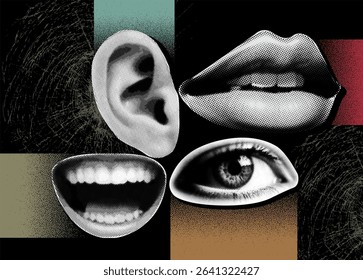 Collage of halftone style human ear, mouth, and eye representing the enhancement of your senses see clearly, speak effectively.