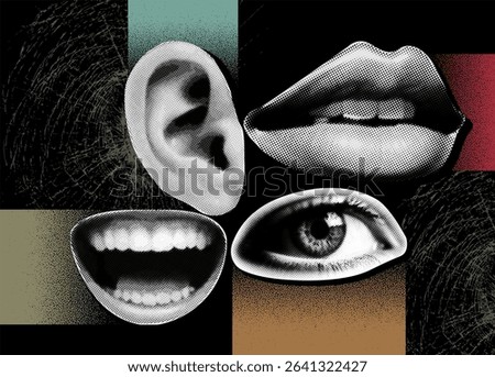 Collage of halftone style human ear, mouth, and eye representing the enhancement of your senses see clearly, speak effectively.