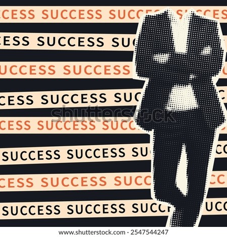 Collage in halftone style. Spot effect. Puzzle. Y2k elements. Man in a suit in grunge background. Doodle. Funky. Minimal circle grid. Gradient Trendy mosaic. Social media. Retro vintage poster