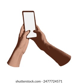 Collage with halftone style two hands holding smartphone Minimalist metaphor concept mobile applications, online sales, social media messaging. Cutouts magazine element. Vector illustration