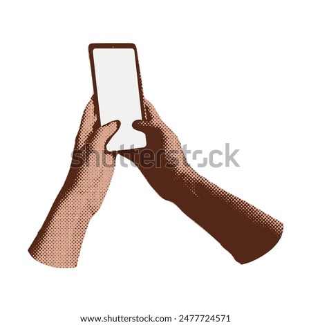 Collage with halftone style two hands holding smartphone Minimalist metaphor concept mobile applications, online sales, social media messaging. Cutouts magazine element. Vector illustration