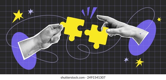 Collage with halftone two hands putting puzzle together. Teamwork concept vector pop art retro style illustration. Partnership and  relationship design element for infographic, poster, website