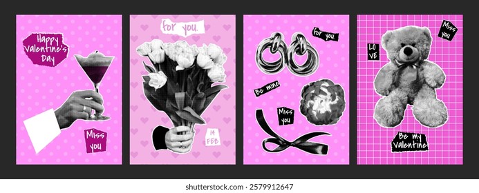 Collage halftone Valentine's Day posters. Bouquet of flowers, glass of wine, bear, rose, bow. Trendy vector illustration