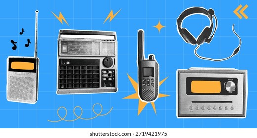 Collage Ilustración vectorial de medios tonos de dispositivos de radio retro, auriculares y walkie talkie sobre fondo azul.