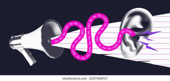 
Collage in halftones with a megaphone and an ear in the style of pop art. A conceptual composition. Vector.