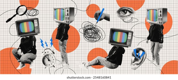 Collage in halftones with a TV, a girl, an eye and a hand. News, social media, information, notification. A conceptual composition. Vector