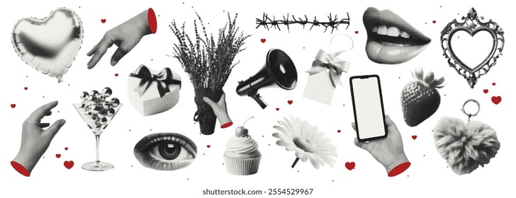 Collage halftones for Valentine's Day in vintage texture style. Eye, gift, hand, flowers, daisy, lips, heart Grunge collection. Vector.