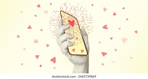Collage con manos estilo semitono que sostienen el smartphone. Concepto de metáfora minimalista de datación. Idea para la composición de Anuncio de amor con corazones rosados. Revista Cutouts. Ilustración vectorial.