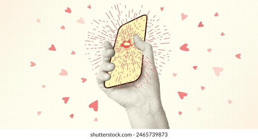 Collage with halftone-style hands hold smartphone. Minimalist metaphor concept dating. Idea for love banner composition with pink hearts. Cutouts magazine. Vector illustration.