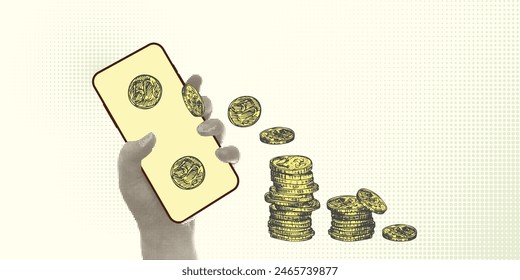 Collage con manos estilo semitonos sujetan el smartphone . Concepto minimalista de metáfora del ahorro en efectivo con temática financiera. Idea para la composición de Anuncios con monedas, tarjeta bancaria. Revista Cutouts. Ilustración vectorial.