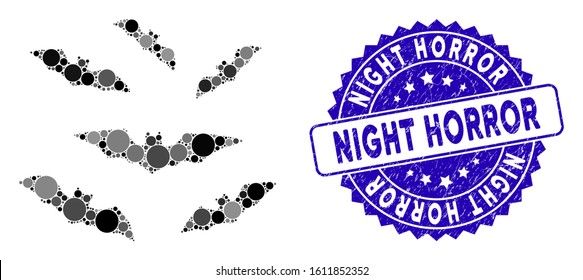 Collage halloween bats icon and corroded stamp seal with Night Horror caption. Mosaic vector is created with halloween bats icon and with scattered circle spots. Night Horror seal uses blue color,