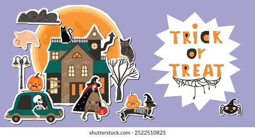 Collage of Halloween characters,haunted house and handwritten Trick or treat! Funny card with witch, dachshund dog, skeleton driving a car, cat, owl, spider,pumpkin.Vector flat color illustration.