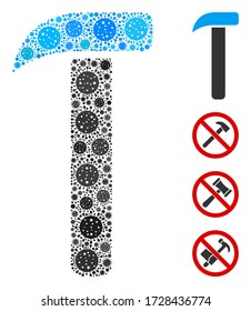 Collage hammer constructed from covid-2019 virus icons in various sizes and color hues. Vector viral elements are composed into abstract composition hammer icon. Some bonus icons are added.