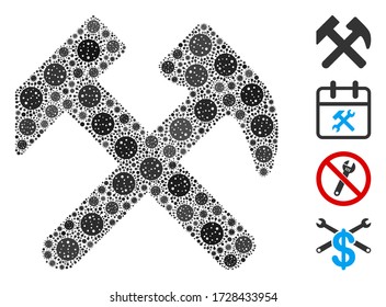 Collage hammers composed of coronavirus icons in random sizes and color hues. Vector viral icons are arranged into abstract mosaic hammers icon. Some bonus icons are added.