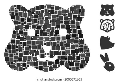 Collage Hamster head icon united from square items in various sizes and color hues. Vector square items are arranged into abstract illustration hamster head icon. Bonus pictograms are added.