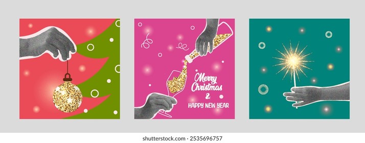 Collage mit Hand, Alkohol, Feuerwerk und Goldball. Halftone Weihnachten und Neujahr Design 2025. 