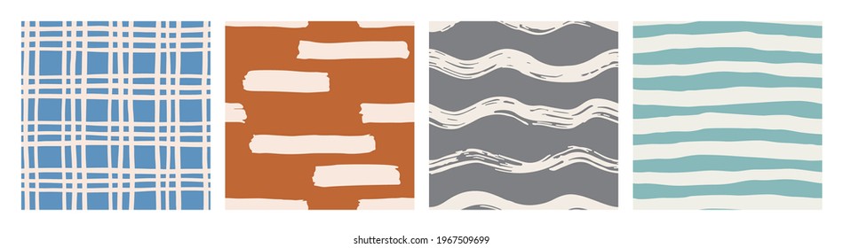 Collage with hand drawn brush strokes seamless patterns. Vintage stripes background for covers, prints, wrapping paper. Ink lines for decorative design. Bright hand drawn backdrop. Grunge texture