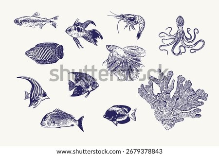 Collage Hand drawn Fish Set. Vintage Engraving Style. Vector Illustration.
