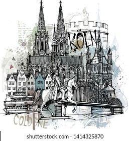 Köln Collage, handgezeichnet Bild. digital erstellt. Kostenlose gezeichnete Illustration.