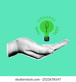 Collage with hand and green light bulb. Green energy concept, ESG.
