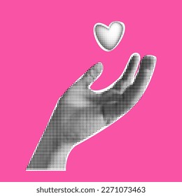 Collage hand with halftone effect. Cut out paper. The hand holds a flying heart. Vector modern illustration