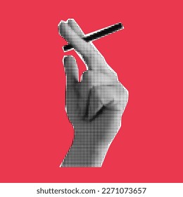 Collage hand with halftone effect. Cut out paper. Hand holding a cigarette. Man smoking. Vector modern illustration