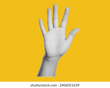 Collage hand with halftone effect. Cut out paper. Hand holds c gesture high five. Vector modern illustration