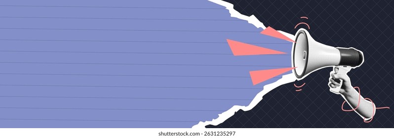 Collage of a hand holding a megaphone projecting sound. Torn paper effect reveals a blue background. Creative design suitable for advertising and announcements.