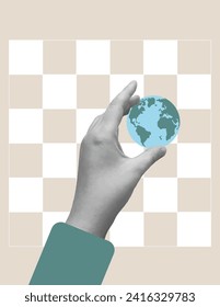 Collage hand holding planet Earth on retro style poster. Globe on chessboard. Ecological climate problem. Vector template illustration.