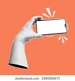 Collage with hand holding smartphone. Trendy banner with  human palms and mobile phone. Modern pop art with halftone effects. Vector  illustration.