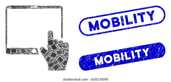 Collage hand points mobile tablet and distressed stamp seals with Mobility text. Mosaic vector hand points mobile tablet is formed with random rectangle items. Mobility stamp seals use blue color,