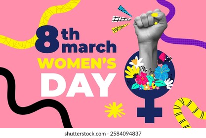 Collage hand raised with female symbol isolated on pastel pink background. Banner template for International women's day, feminism, protest, gender equality. Vector illustration