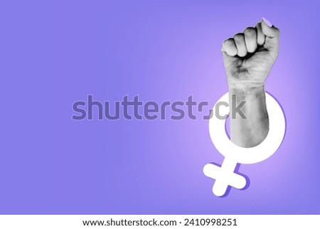 Collage hand raised with female symbol isolated on purple gradient background. Banner template for International women