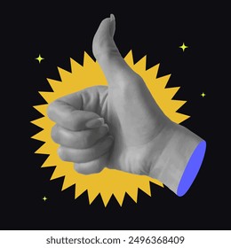Collage con la mano que muestra el gesto del pulgar hacia arriba. Como el concepto de éxito de signos. Textura semitono. Ilustración vectorial de diseño de moda.