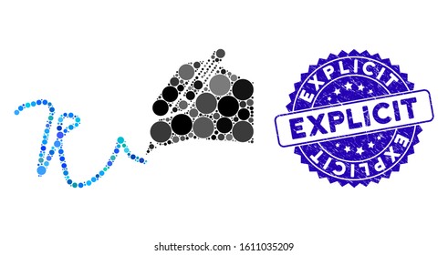 Collage hand signature icon and rubber stamp watermark with Explicit text. Mosaic vector is designed with hand signature icon and with random round items. Explicit stamp uses blue color,